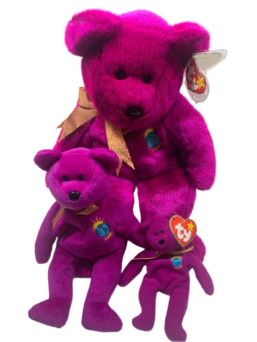 1999 TY Beanie Babies Millennium Bear Lot of 3 Magenta Plush Collectibles
